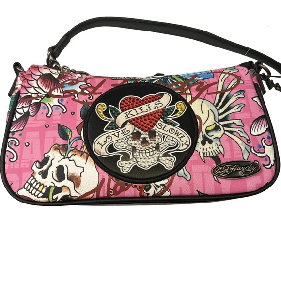 ED HARDY Pink Hand & Shoulder bag Love Kills Slowly Pink & Black Skull Bling - Picture 1 of 4